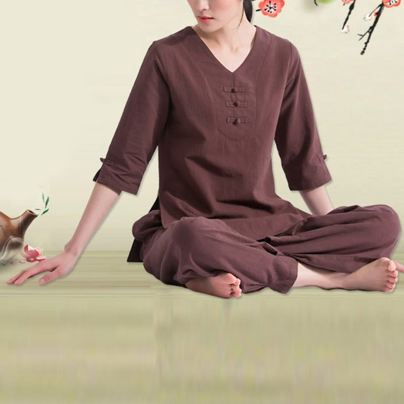 Buddha Stonesヨガ瞑想祈りVネックデザインコットンリネン服ユニフォーム禅練習レディースセット
