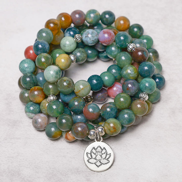 Buddha Stones108 個入りMalaビーズ インド瑪瑙 蓮華 OM 仏陀 生命の樹 ポジティブ カーム ブレスレット