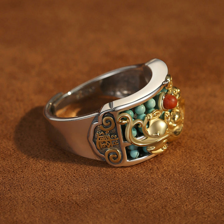 Buddha Stones 925スターリングシルバー ターコイズ レッドアゲート 貔貅 そろばん 守護リング
