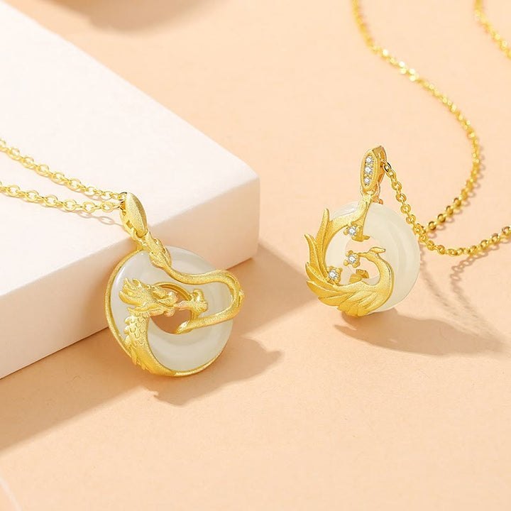 Buddha Stones925 スターリングシルバー 龍年 和田翡翠 ゴールデンドラゴン フェニックス 平和バックル 幸運ネックレスペンダント