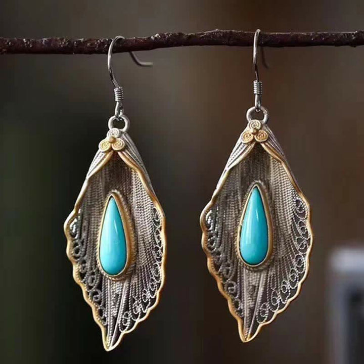 Buddha Stones925スターリングシルバー ターコイズ 菩提葉模様 保護ドロップダングルイヤリング
