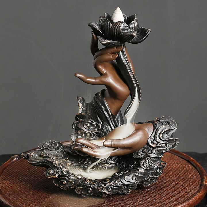Buddha Stones蓮仏手 吉祥雲模様 瞑想用 樹脂製 逆流香炉
