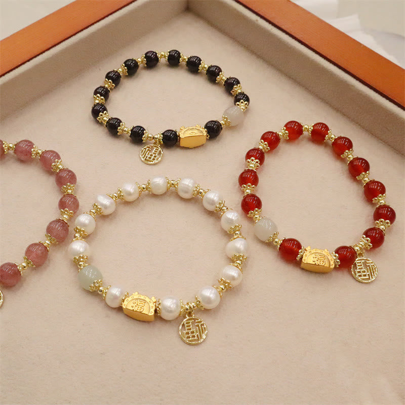 Buddha Stones赤瑪瑙 ストロベリークォーツ 黒曜石 翡翠 ガーネット 真珠 辰砂 団子型 龍 幸運 福 キャラクター ブレスレット - image 39