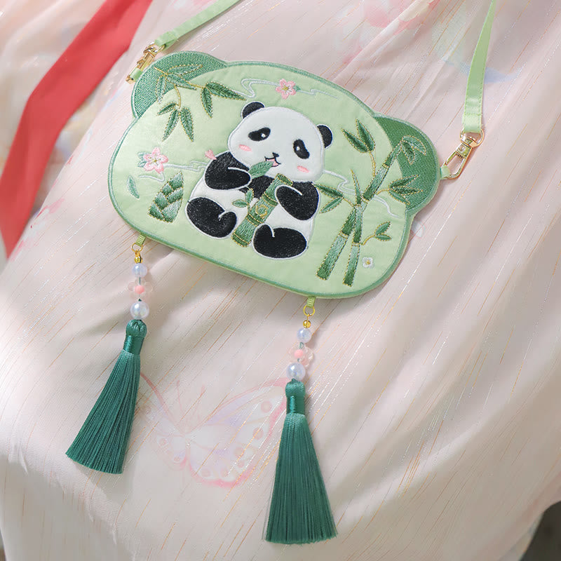 Buddha Stones刺繍のラッキーパンダ猫柴犬鹿ウサギキツネ花かわいい動物漢服バッグクロスボディバッグショルダーバッグ