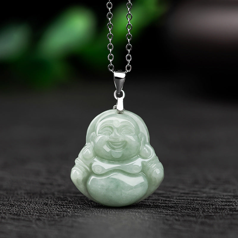 Buddha Stones925スターリングシルバー 笑う仏陀 翡翠 祝福ネックレスチェーンペンダント - ジェイド - image 1