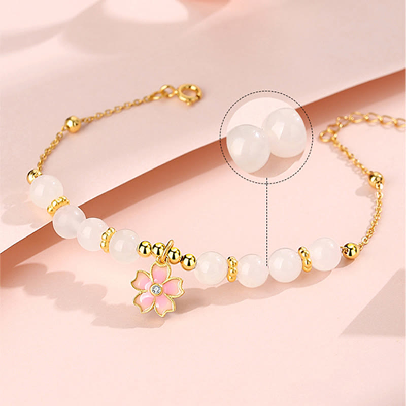 Buddha Stones 925スターリングシルバー 和田産白翡翠 桜守護ブレスレット