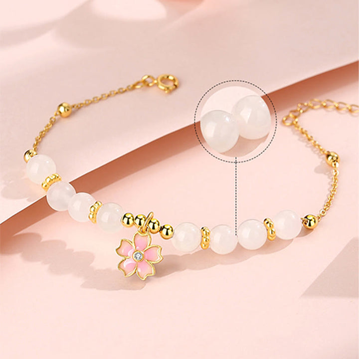 Buddha Stones 925スターリングシルバー 和田産白翡翠 桜守護ブレスレット