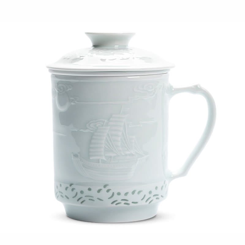 Buddha Stones玲瓏 磁器 縁起の良い龍鳳凰船 順風満帆 陶器 ティーカップ オフィス ティーカップ 420ml