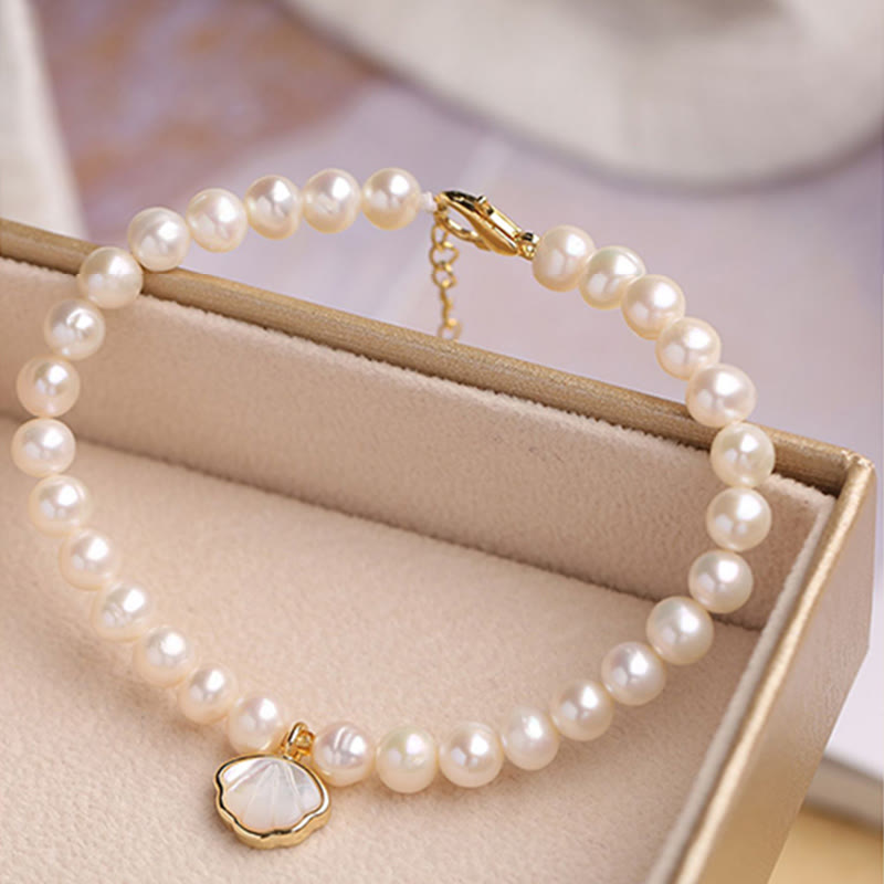 Buddha Stones14Kゴールドメッキ 天然パールクリスタルシェルチャームビーズブレスレット