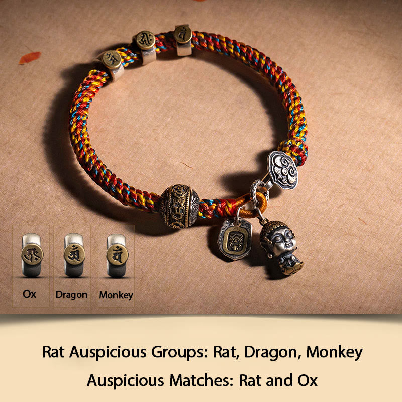 Buddha Stonesハンドメイド チベット 925 スターリングシルバー十二支誕生仏ザキラム 富の守護女神 マルチカラー ロープ編みブレスレット