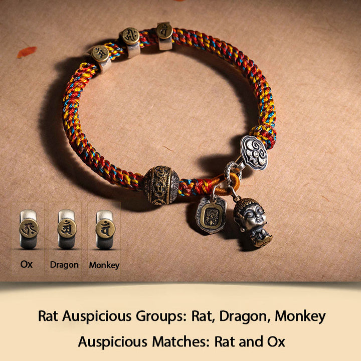 Buddha Stonesハンドメイド チベット 925 スターリングシルバー十二支誕生仏ザキラム 富の守護女神 マルチカラー ロープ編みブレスレット