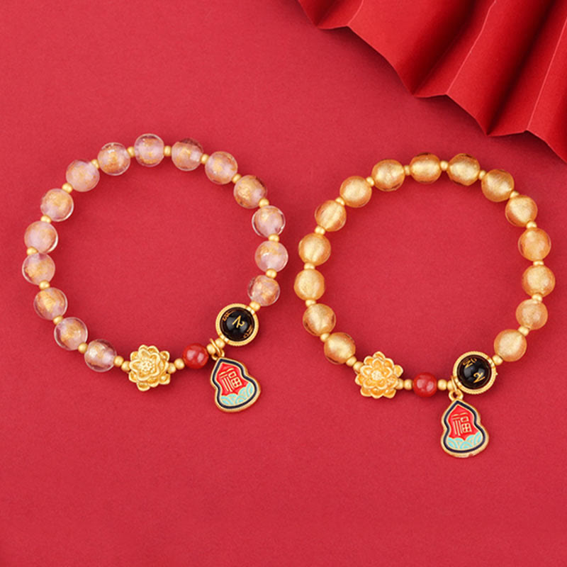 チベットのBuddha Stones、オーム・マニ・パドメ・フムフムフーのキャラクターひょうたんチャーム、蓮華座のガラスビーズ、幸運ブレスレット