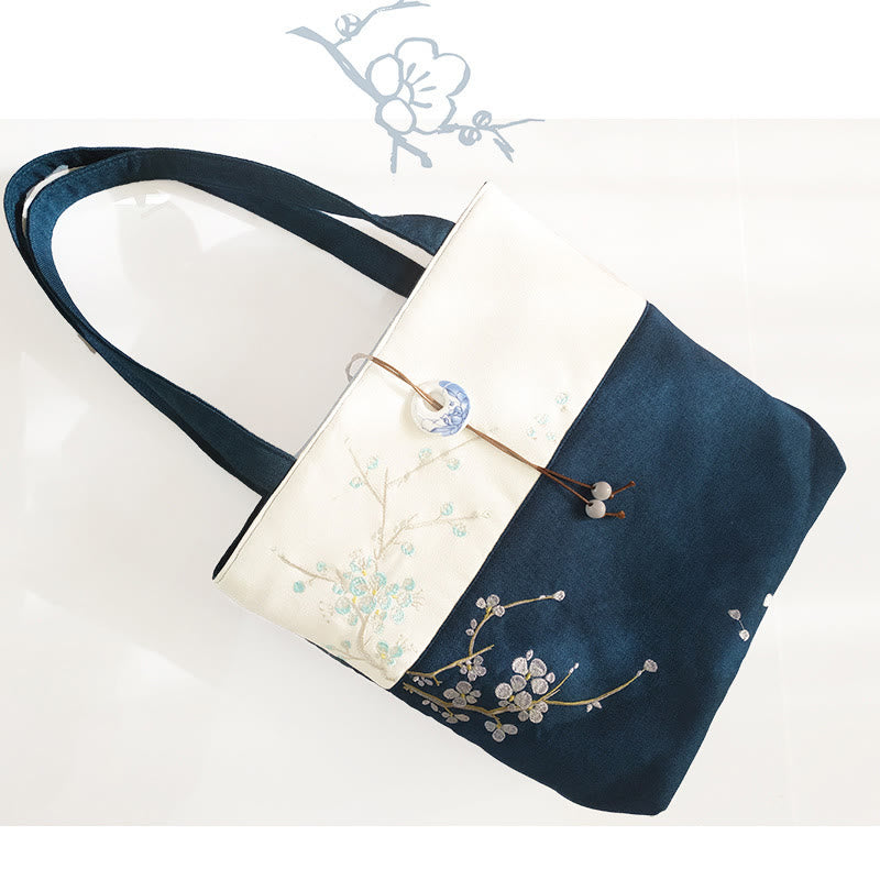 梨花 梅 桃の花 竹刺繍 キャンバス 大容量 ショルダーバッグ トートバッグ
