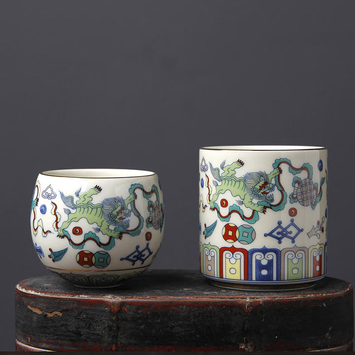 Buddha Stonesヴィンテージ 梅の花 松 竹 鳳凰 麒麟 獅子舞 陶器 ティーカップ ティーカップ