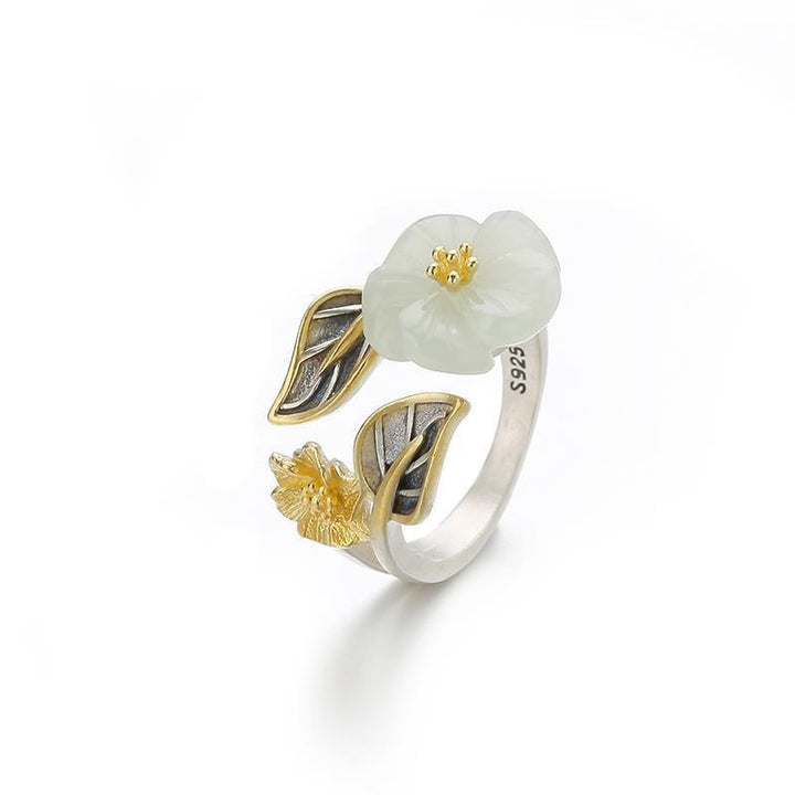 Buddha Stones925シルバーメッキ銅白翡翠梅花葉幸運リング
