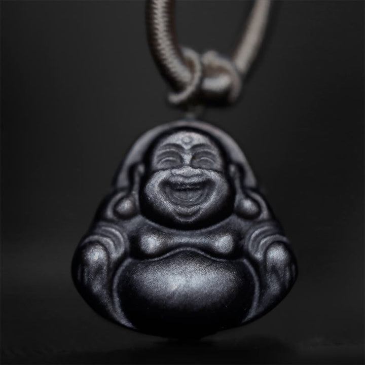 Buddha Stones天然銀光沢黒曜石 笑う仏陀 守護ネックレスペンダント - image 5