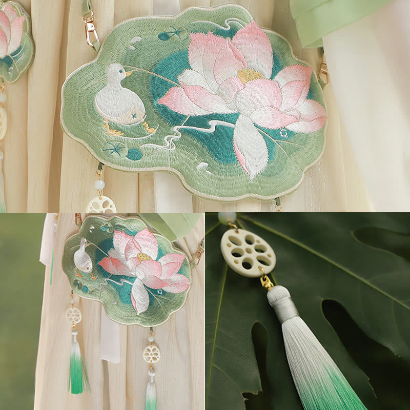 Buddha Stonesと幸運の刺繍、蓮と鯉とウサギの花の漢服バッグ、斜め掛けバッグ、ショルダーバッグ
