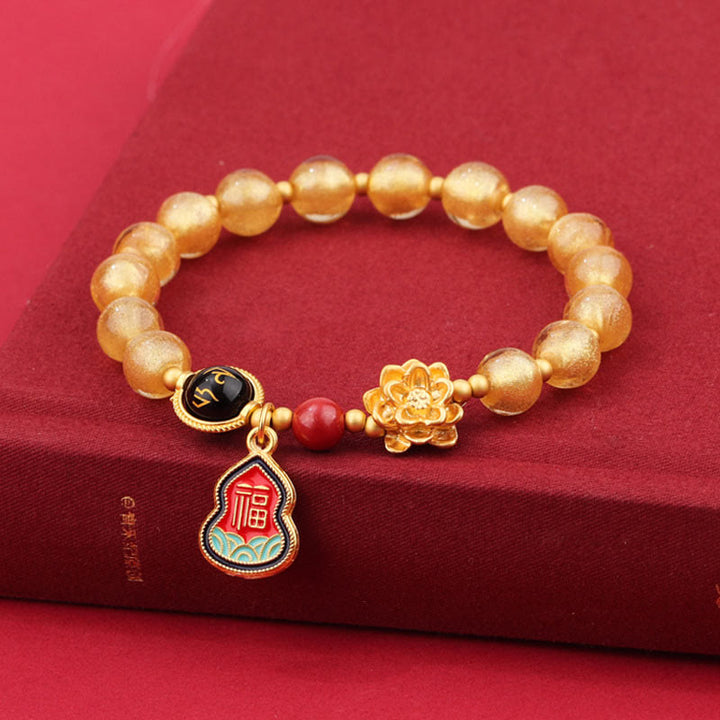 チベットのBuddha Stones、オーム・マニ・パドメ・フムフムフーのキャラクターひょうたんチャーム、蓮華座のガラスビーズ、幸運ブレスレット
