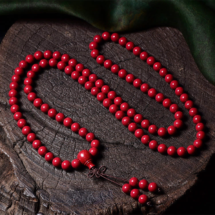 Buddha Stones 108Malaビーズ 辰砂Om Mani Padme Hum模様 刻印入り 祝福ブレスレット