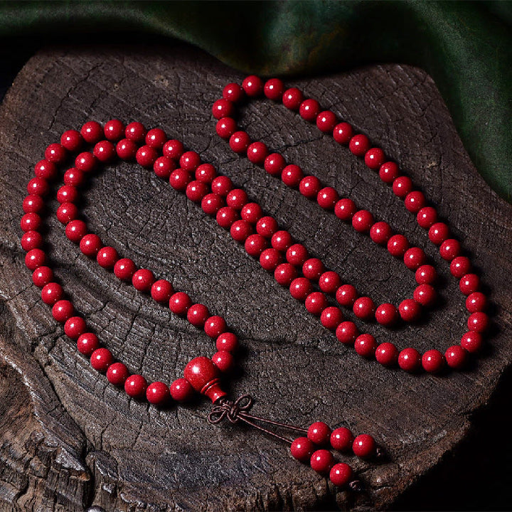 Buddha Stones 108Malaビーズ 辰砂Om Mani Padme Hum模様 刻印入り 祝福ブレスレット
