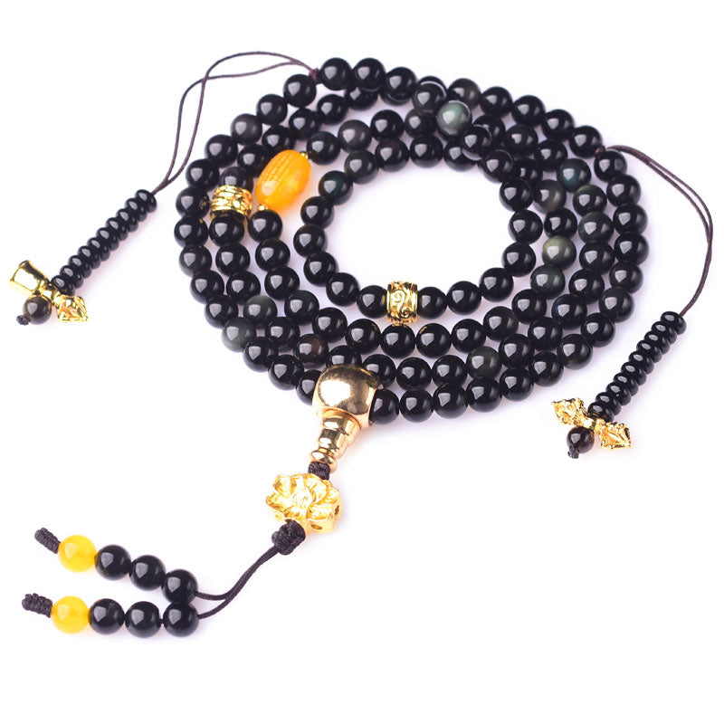 Buddha Stones108 ビーズ 天然黒曜石 蓮 成就Malaブレスレット