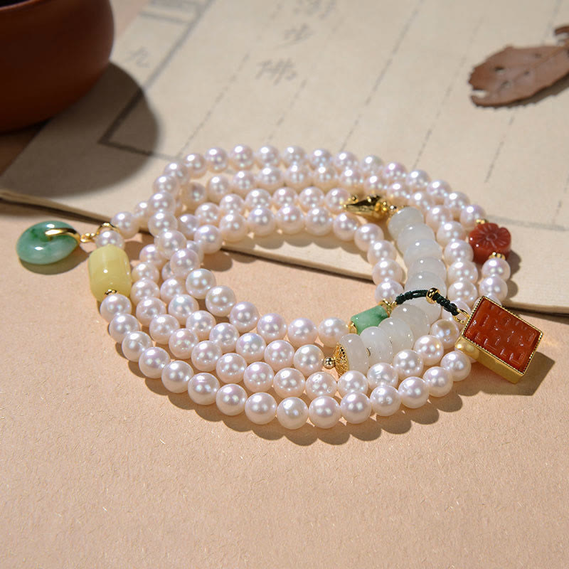 Buddha Stones 925スターリングシルバーパール和田翡翠レッドアゲートダブルハピネスアンバーラッキー4重ラップブレスレット