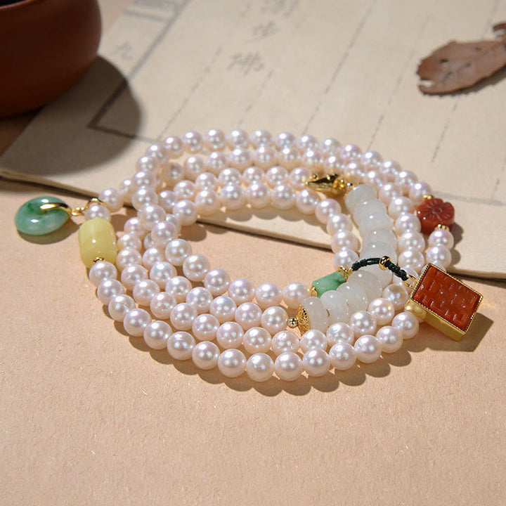 Buddha Stones 925スターリングシルバーパール和田翡翠レッドアゲートダブルハピネスアンバーラッキー4重ラップブレスレット
