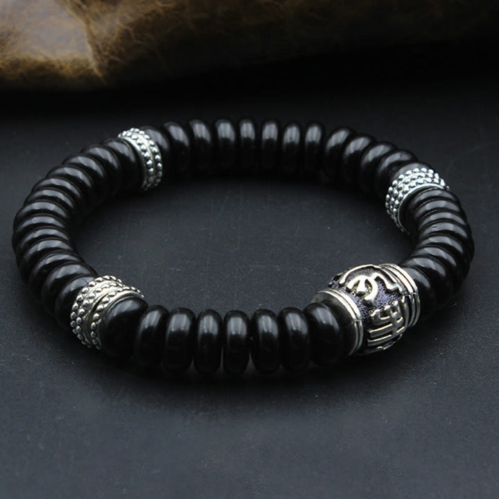 Buddha Stones天然チベットココナッツシェルオーム・マニ・パドメ・フム幸運を呼ぶブレスレット