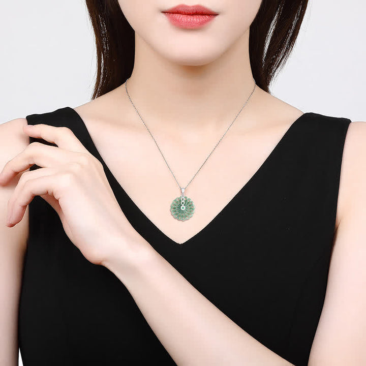 Buddha Stones925スターリングシルバー 天然ラウンド翡翠 ピースバックル 豊穣のネックレスペンダント