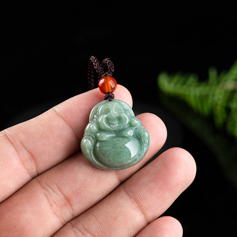 Buddha Stones笑う仏陀 シアン翡翠 成功のネックレス ストリングペンダント