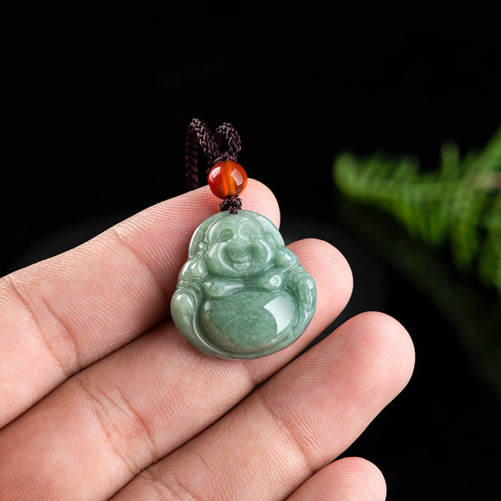 Buddha Stones笑う仏陀 シアン翡翠 成功のネックレス ストリングペンダント