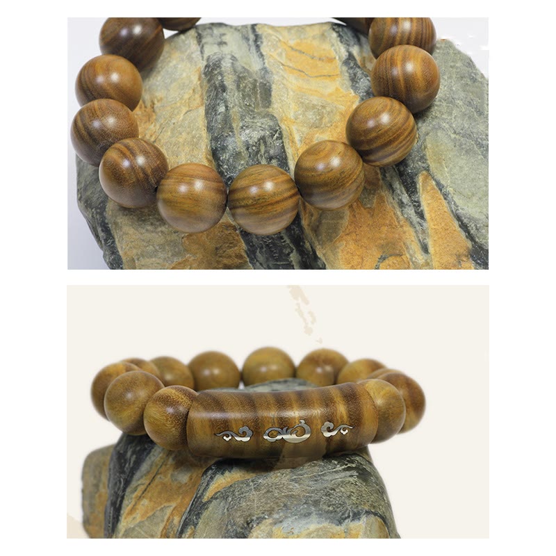 Buddha Stones999 スターリングシルバー グリーンサンダルウッドオーム・マニ・パドメ・フムドラゴンフェニックス ダルマチャクラ象嵌 平和ブレスレット