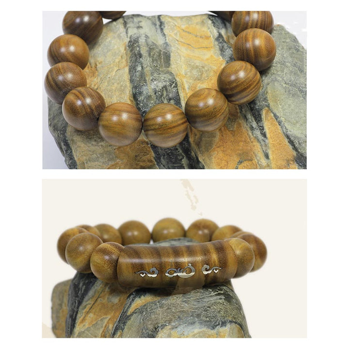 Buddha Stones999 スターリングシルバー グリーンサンダルウッドオーム・マニ・パドメ・フムドラゴンフェニックス ダルマチャクラ象嵌 平和ブレスレット