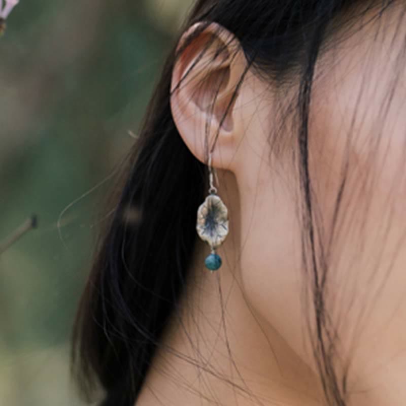 Buddha Stones925スターリングシルバー ターコイズ 蓮の葉 プロテクション ドロップ ダングル イヤリング