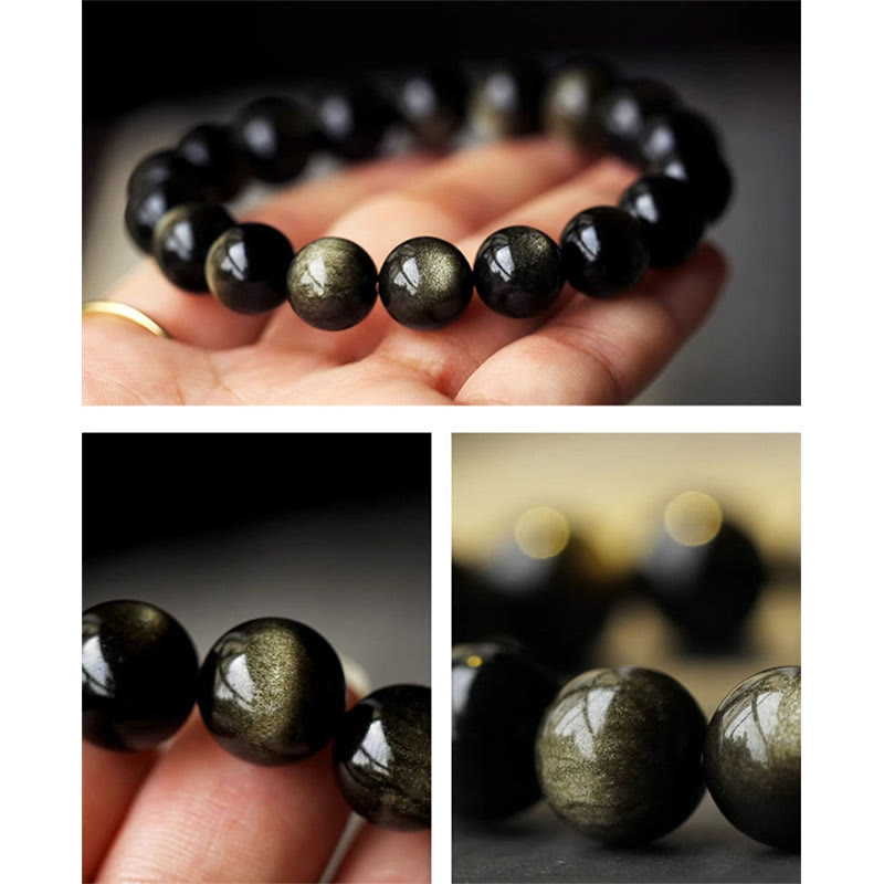 Buddha Stones925 スターリングシルバー十二支誕生仏天然金光沢 黒曜石 琥珀 富の守護ブレスレット