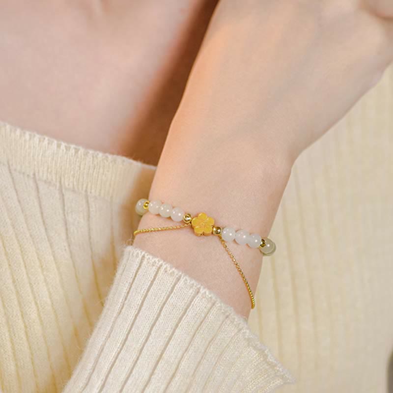 Buddha Stones 925スターリングシルバー 天然和田翡翠 桃の花 幸運のチェーンブレスレット