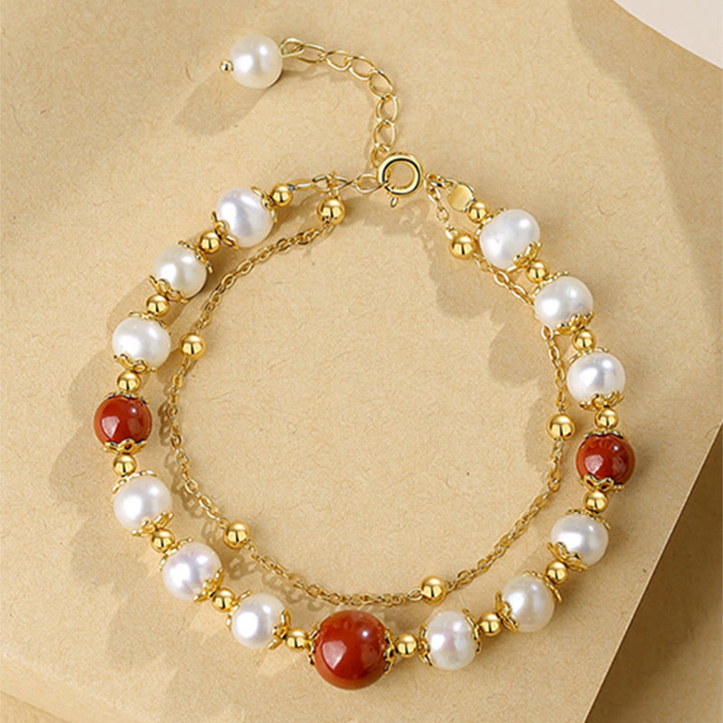 Buddha Stones925スターリングシルバー パール シナバー ウィズダムビーズ ダブルレイヤーチェーンブレスレット
