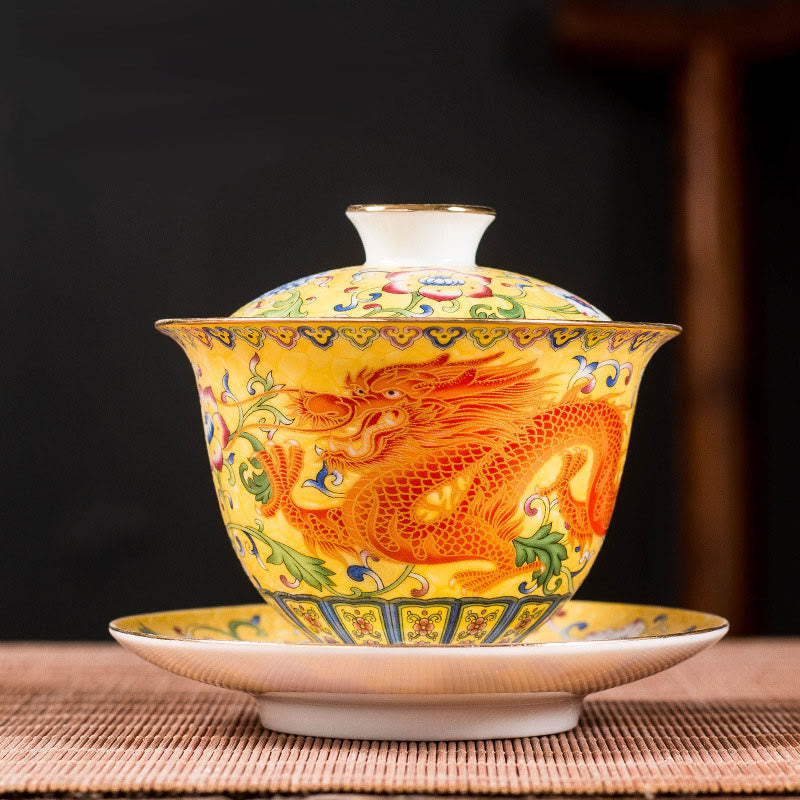 Buddha Stones龍鳳凰花デザイン陶器蓋碗三彩ティーカップカンフーティーカップ＆ソーサー蓋付き