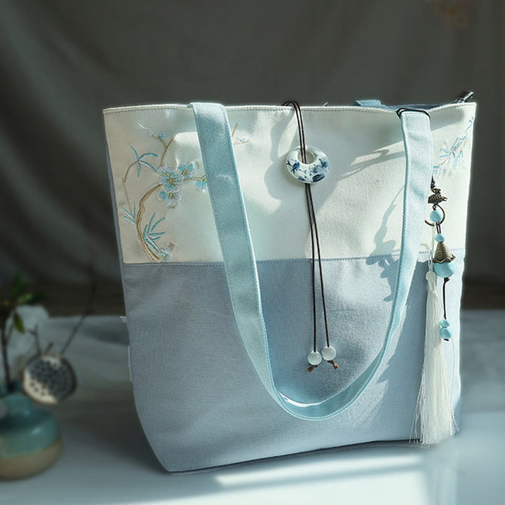 梨花 梅 桃の花 竹刺繍 キャンバス 大容量 ショルダーバッグ トートバッグ