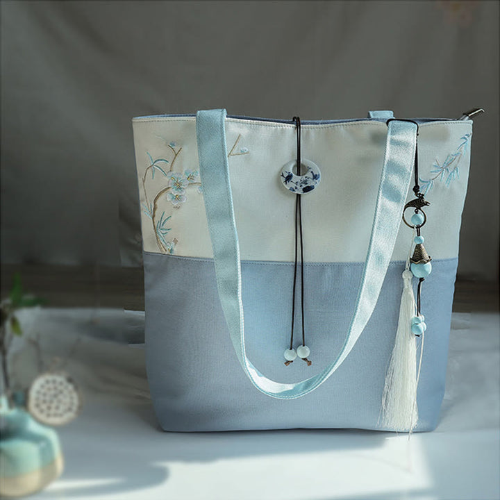梨花 梅 桃の花 竹刺繍 キャンバス 大容量 ショルダーバッグ トートバッグ