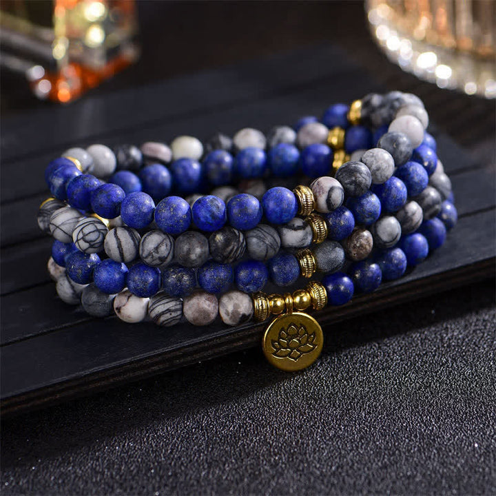 Buddha Stonesラズライト ピカソジャスパー アマゾナイト ロードナイト アパタイト 正蓮の祈りビーズブレスレット