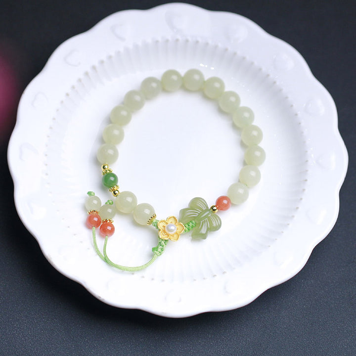 Buddha Stones925スターリングシルバー 翡翠 幸運の花 蝶 ブレスレット