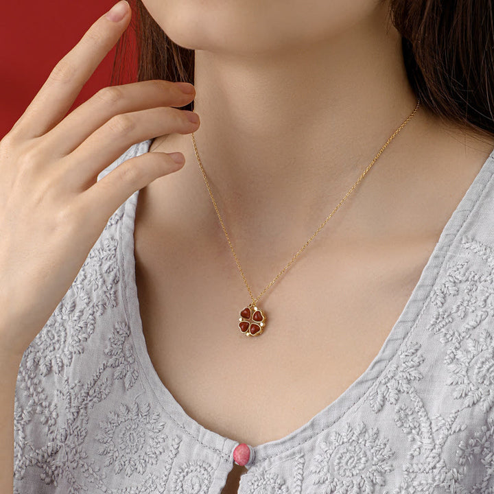 Buddha Stones925スターリングシルバー 四つ葉のクローバー ホワイトジェイド レッドアゲート 豊穣のネックレスペンダント