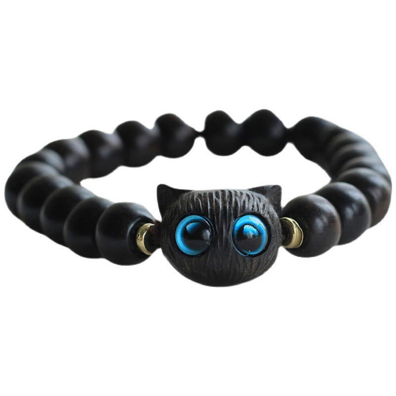 Buddha Stones、黒檀、緑白檀、かわいい猫の平和ブレスレット