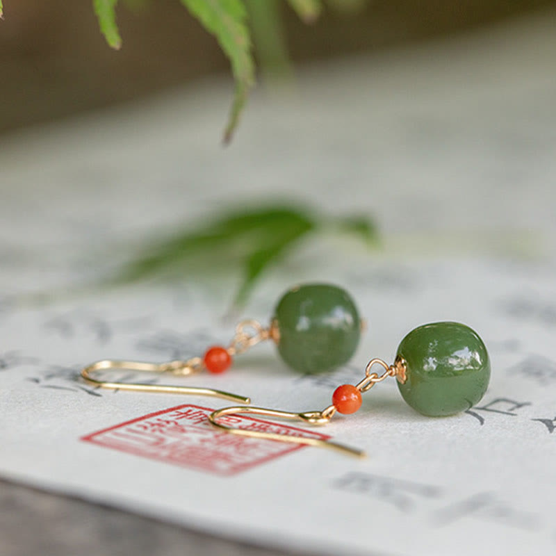 Buddha Stones 925スターリングシルバー 14Kゴールドメッキ 和田翡翠 赤瑪瑙 幸運の雫 ダングルイヤリング