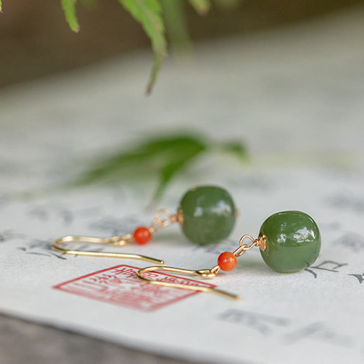 Buddha Stones 925スターリングシルバー 14Kゴールドメッキ 和田翡翠 赤瑪瑙 幸運の雫 ダングルイヤリング