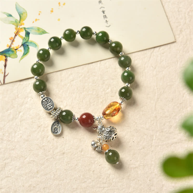 Buddha Stones 925スターリングシルバー 和田シアン翡翠ひょうたん琥珀成功ブレスレット