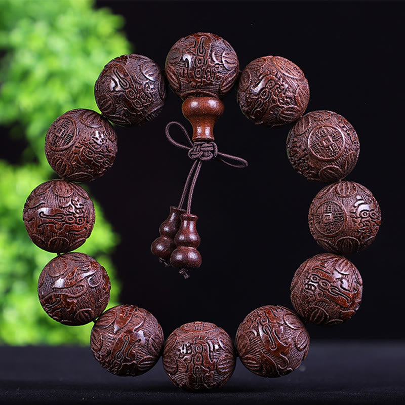 Buddha Stones、中国の十二支、ローズウッド、黒檀、銅貨、貔貅の彫刻、温もりのブレスレット
