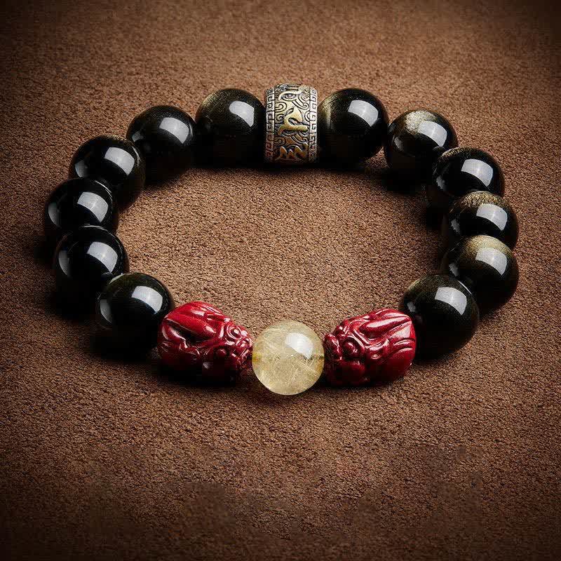 Buddha Stones金彩 黒曜石 貔貅 辰砂オーム・マニ・パドメ・フム守護ブレスレット