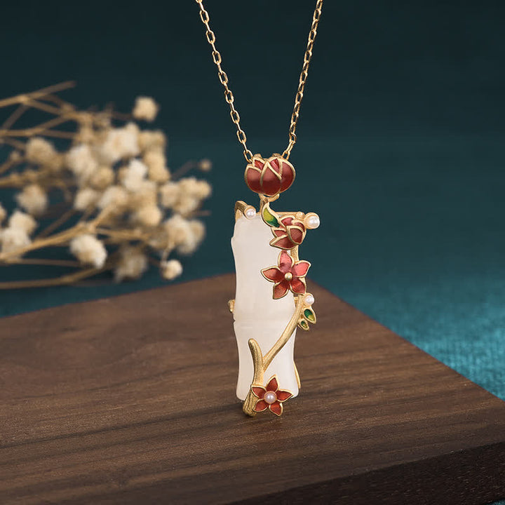 Buddha Stones白翡翠 竹 蓮の花 幸運 守護 ネックレス ペンダント - image 1
